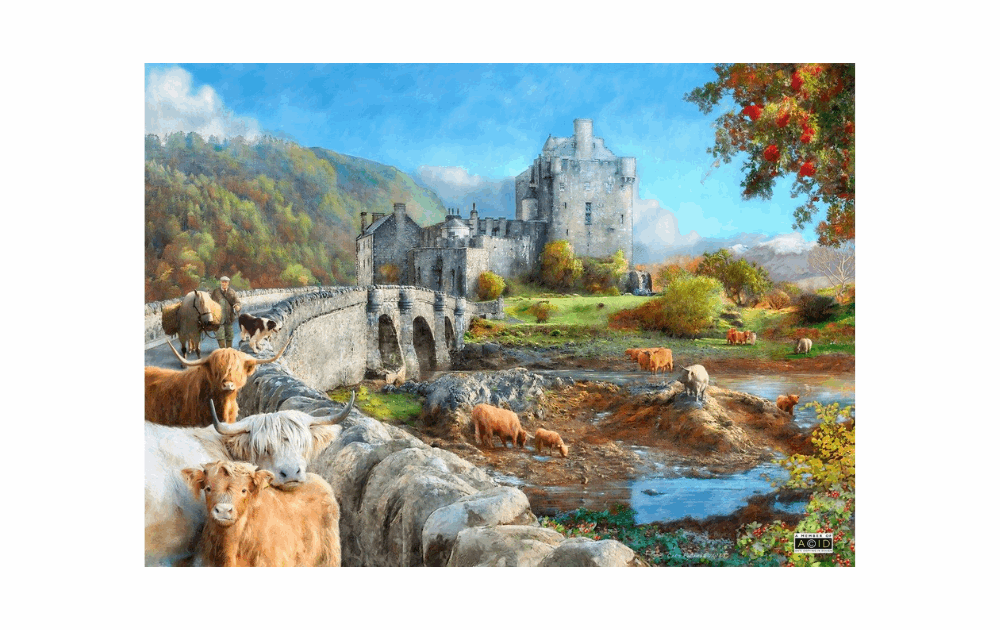 Highland Morning 1000 piece puzzle by House of Puzzles featuring a scenic castle and Highland cows