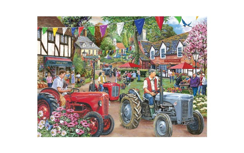 House of Puzzles 1000 piece find the difference jigsaw puzzle featuring a lively village scene with tractors