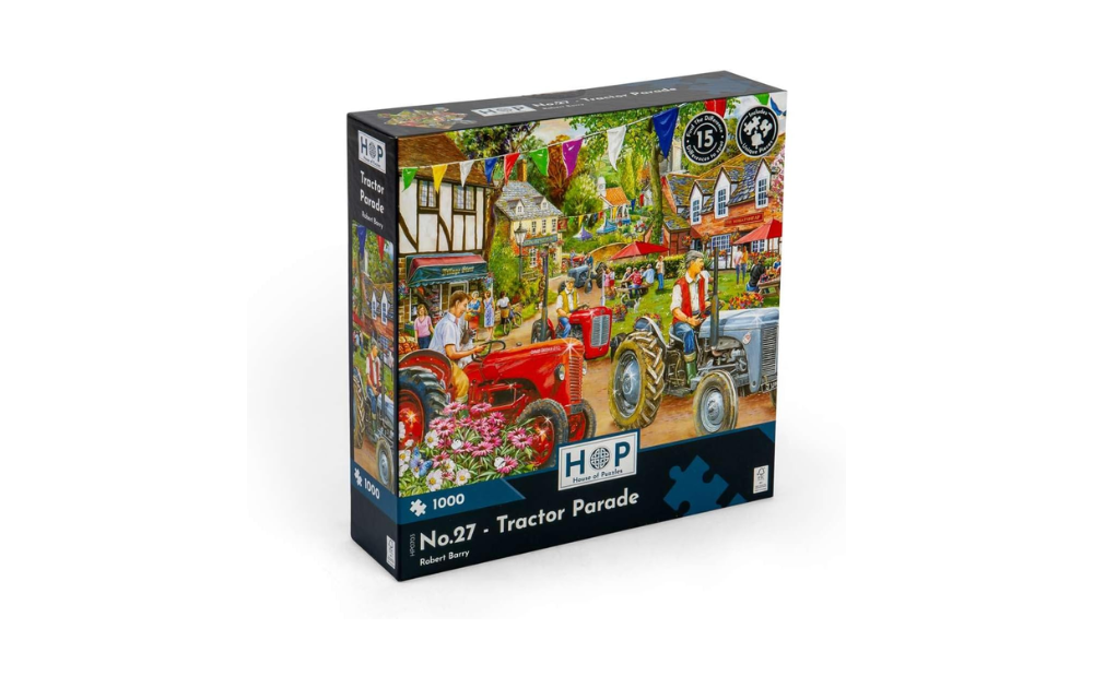 House of Puzzles 1000 piece find the difference jigsaw puzzle featuring a vibrant tractor parade scene