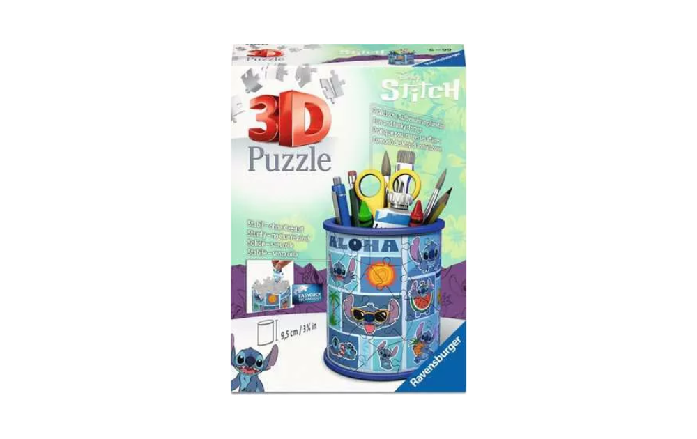 Ravensburger 3D Disney Stitch jigsaw puzzle design featuring a vibrant pencil cup with Stitch graphics