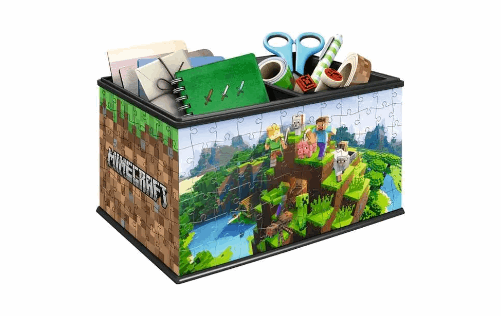 Ravensburger 3D jigsaw Minecraft storage box filled with office supplies and crafting tools