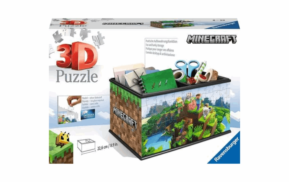 3D jigsaw Minecraft storage box by Ravensburger featuring colorful game graphics and organization for puzzle pieces