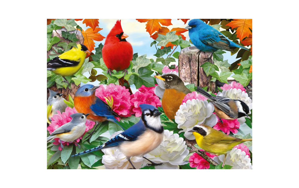Colorful 500 piece bird jigsaw Ravensburger featuring various birds among flowers and greenery