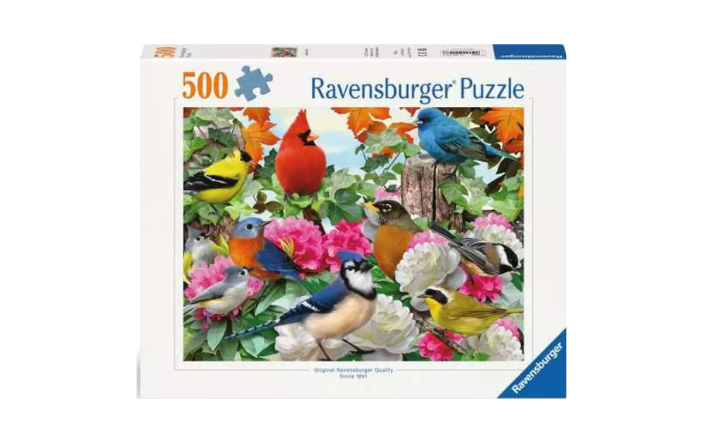 Colorful Ravensburger 500 piece bird jigsaw Ravensburger featuring various beautiful bird species among flowers