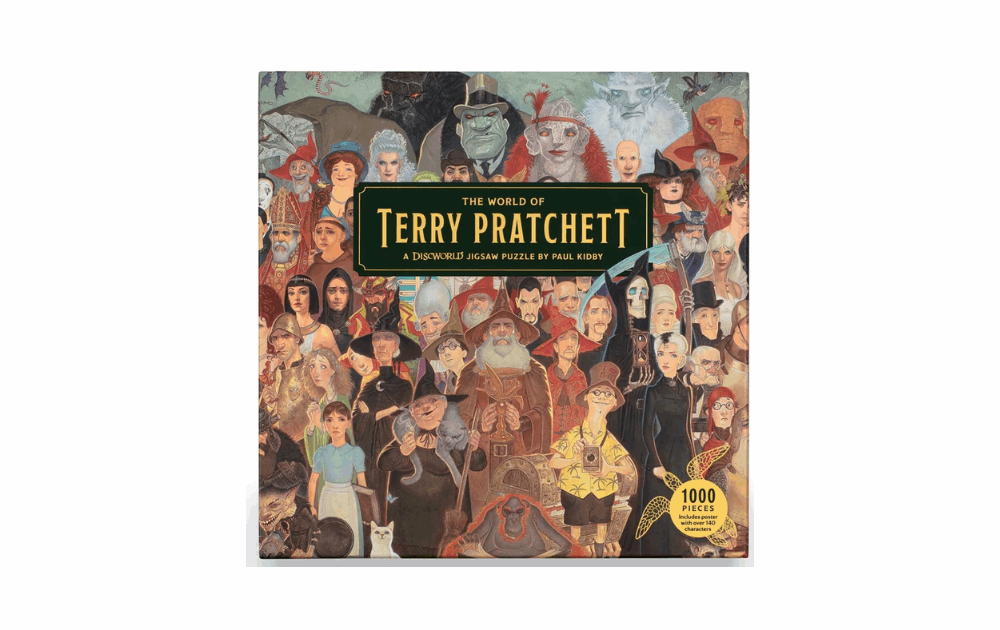 Laurence King Terry Pratchett jigsaw box showing colourful collage of Discworld characters and 1000 piece puzzle