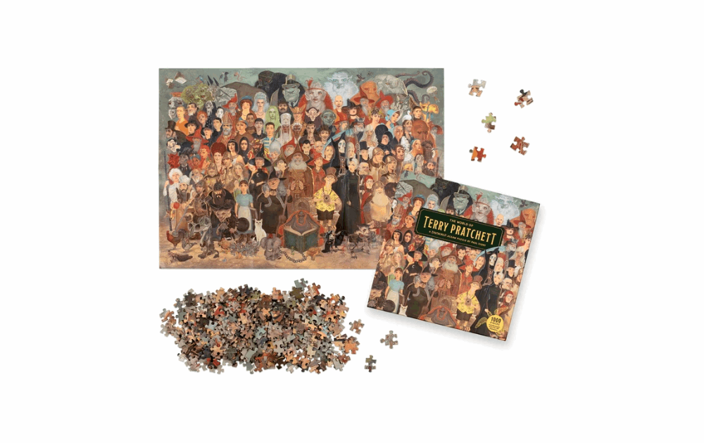 Laurence King Terry Pratchett jigsaw showing assembled character collage with scattered pieces and box on white background