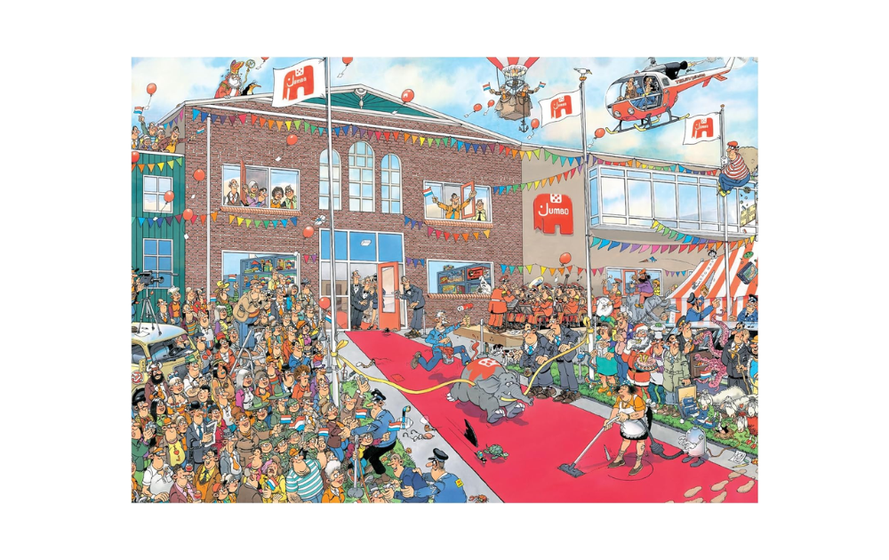 Jan van Haasteren anniversary puzzle featuring a lively celebration scene with crowds and festivities