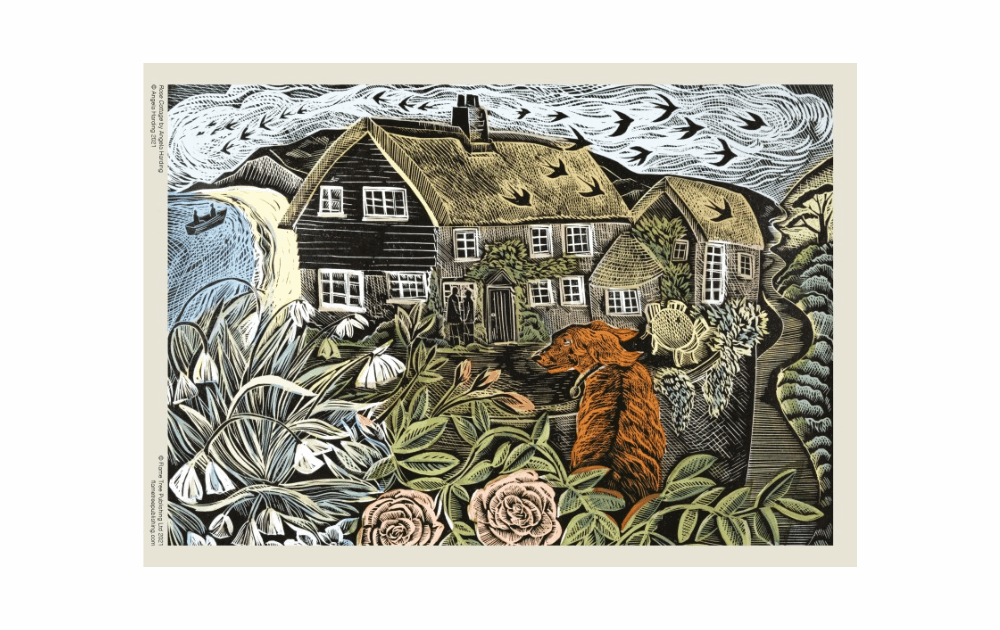 Flametree Rose Cottage 1000 piece puzzle featuring a beautifully detailed illustration of a cottage and surrounding scenery