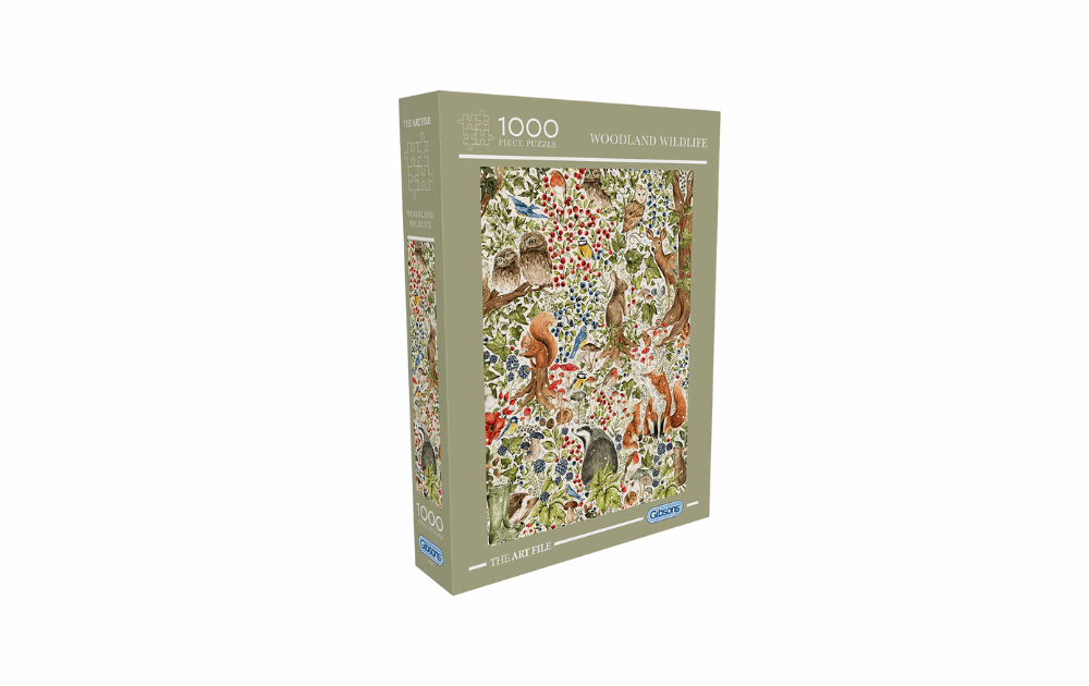Gibsons Woodland Wildlife Puzzle 1000 piece box featuring colorful animal illustrations and vibrant nature scenes