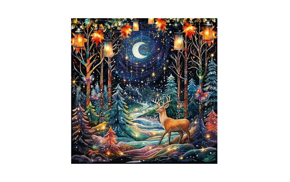 Aspen Glow 240 piece puzzle featuring a deer in a colourful forest with lanterns and autumn leaves