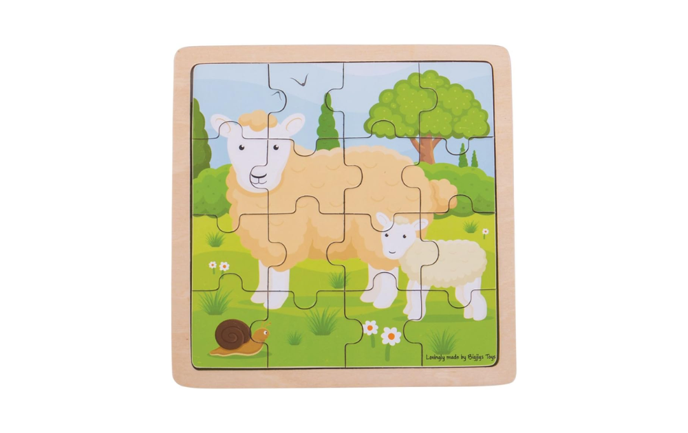 16 piece sheep puzzle by Bigjigs Toys featuring a mother sheep and lamb in a colorful landscape