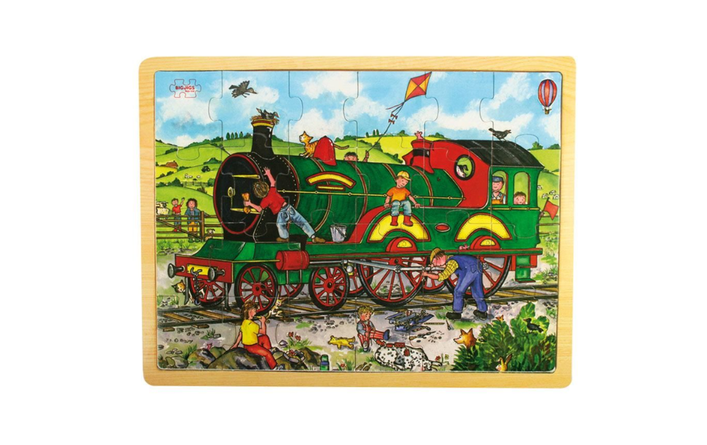 24 piece train puzzle for kids featuring a colorful steam engine with characters and a vibrant landscape