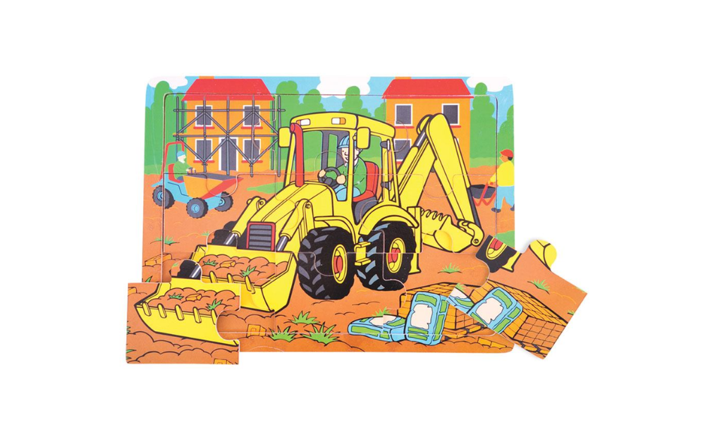 9 piece digger puzzle from Bigjigs featuring a bright construction scene with a yellow digger