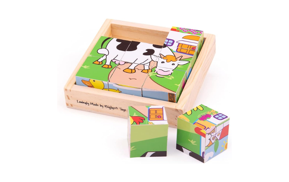 Bigjigs Wooden Tray Cube Puzzle featuring colorful animal designs, an animal cube puzzle for kids