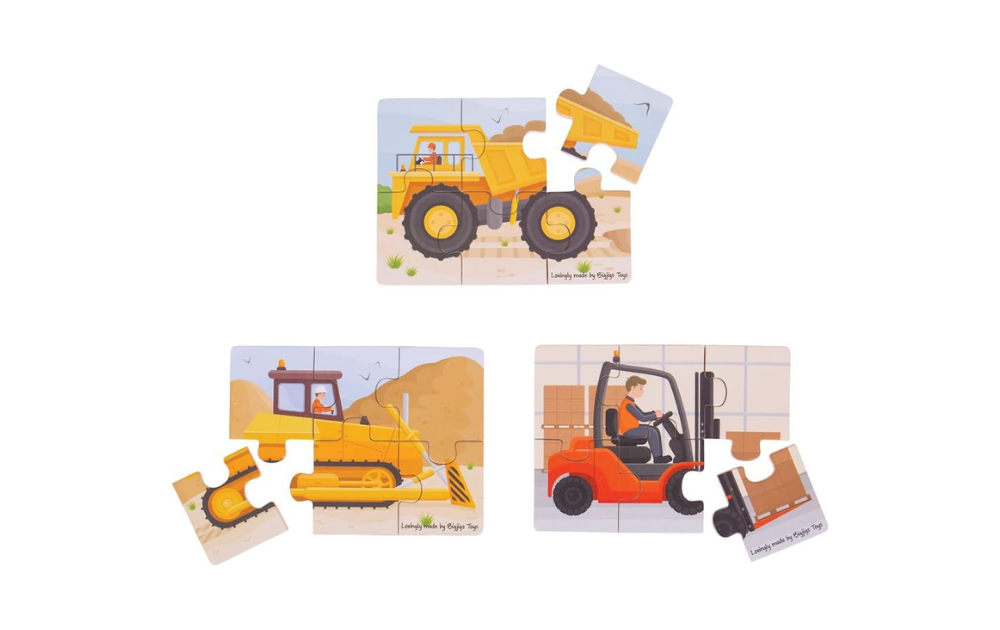 Big Movers wooden puzzles featuring three colorful scenes of construction vehicles for children