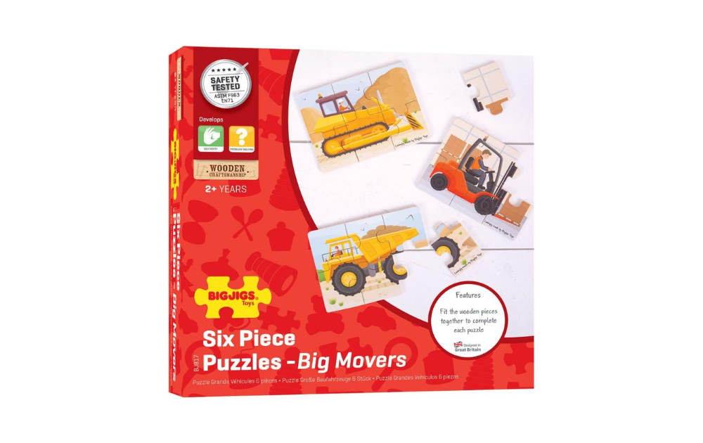 Big Movers wooden puzzles featuring six colorful construction vehicles suitable for children aged two and up