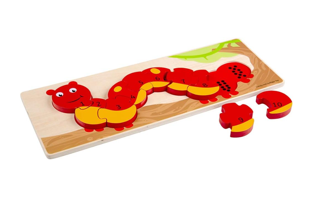 Bigjigs Caterpillar Number Puzzle featuring colorful wooden pieces for counting and learning fun