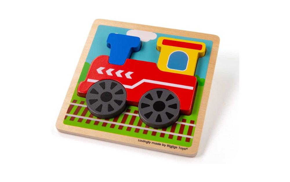 Bigjigs chunky lift-out puzzle featuring a colorful wooden train for toddlers to promote cognitive skills