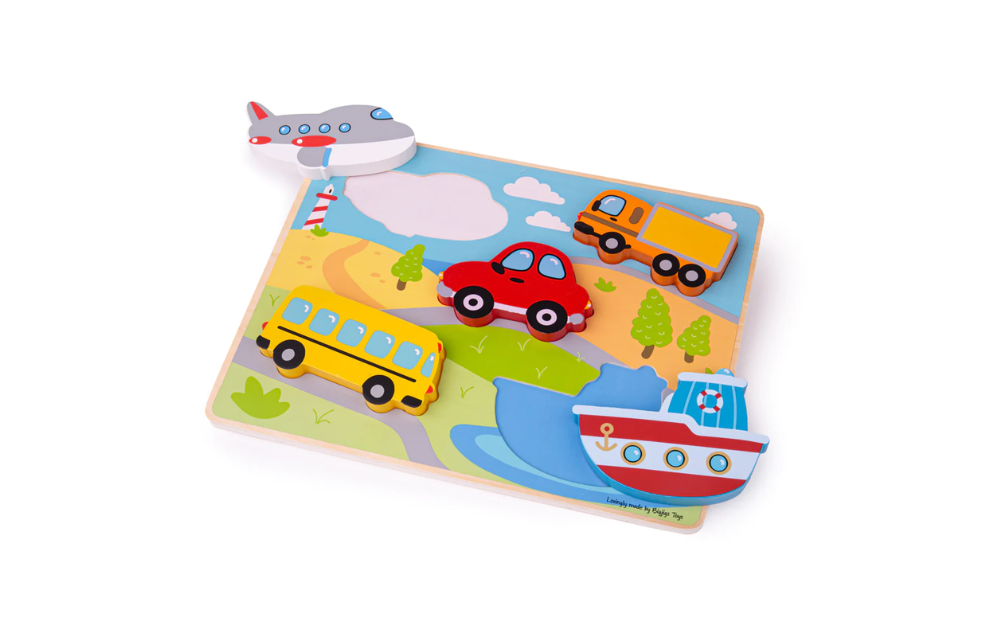Bigjigs chunky transport puzzle featuring a colorful airplane, car, bus, and boat for children's playtime