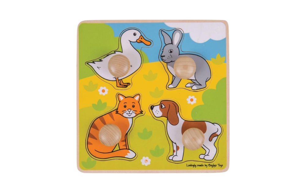 Bigjigs My First Peg Puzzle Pets with colorful animal illustrations and large wooden pegs for easy handling