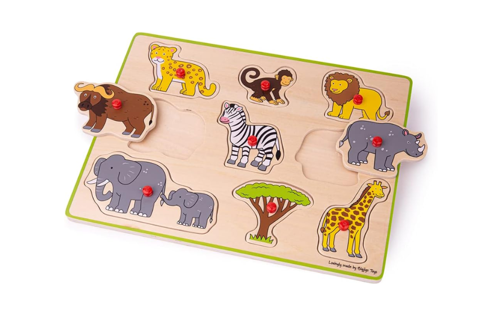 Bigjigs Safari lift-out puzzle featuring colorful animal pieces for interactive learning fun