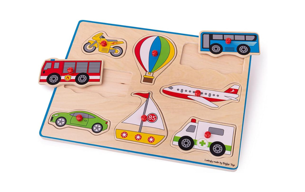 Bigjigs Toys Lift Out Puzzle featuring colorful transport vehicles for interactive play and learning