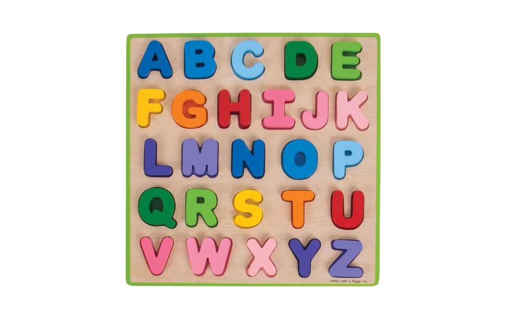 Bigjigs uppercase alphabet puzzle featuring colorful wooden letters for educational fun and skill development