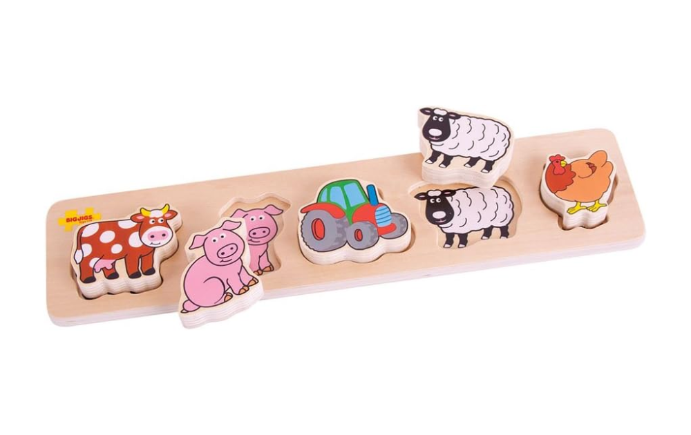 Chunky Lift and Match Puzzle featuring farm animals and tractor for interactive play by Bigjigs Toys