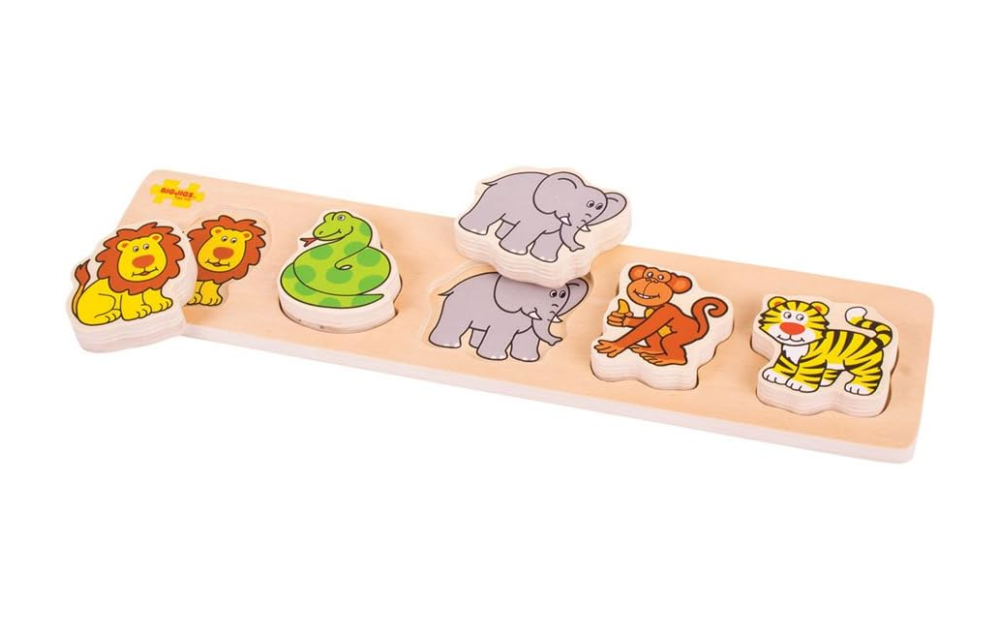 Chunky lift and match safari puzzle by Bigjigs Toys featuring wooden animal pieces for toddlers
