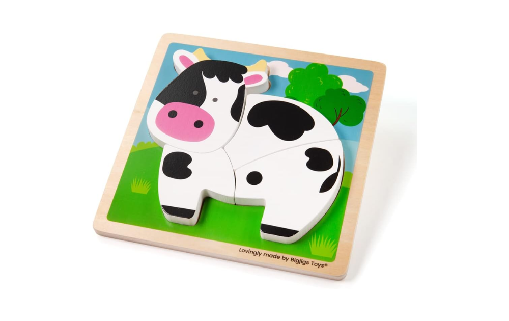Chunky lift-out cow puzzle by Bigjigs Toys, featuring a colorful wooden design for toddlers