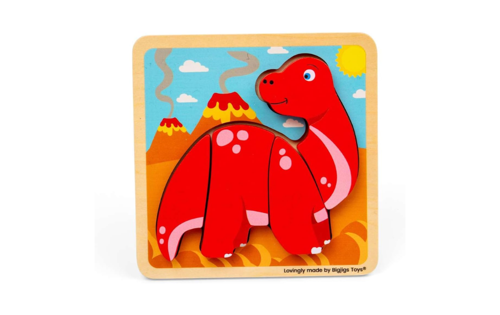 Chunky Lift Out Diplidocus by Bigjigs with bright red dinosaur piece on a volcanic landscape background