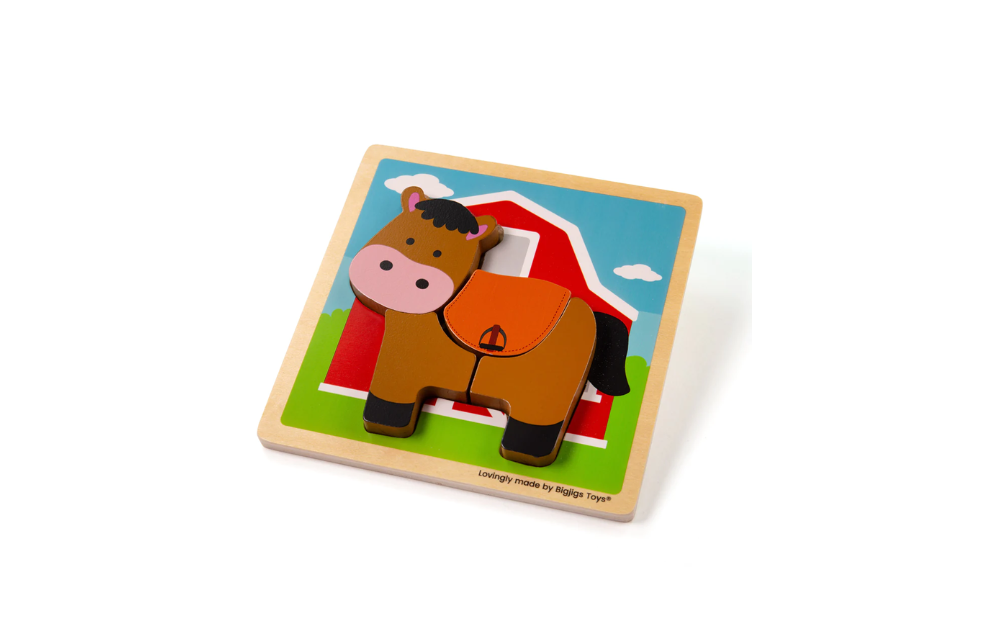 Chunky Lift Out Horse toy by Bigjigs, colorful wooden puzzle featuring a smiling horse on a farm background