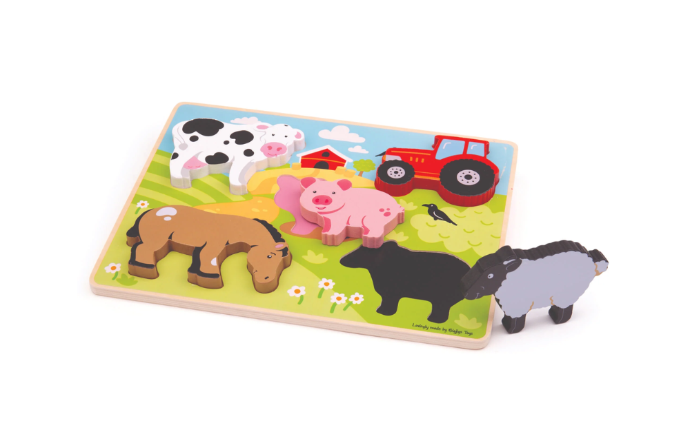 Bigjigs chunky lift out puzzle featuring colourful farm animals and a red tractor for fun learning