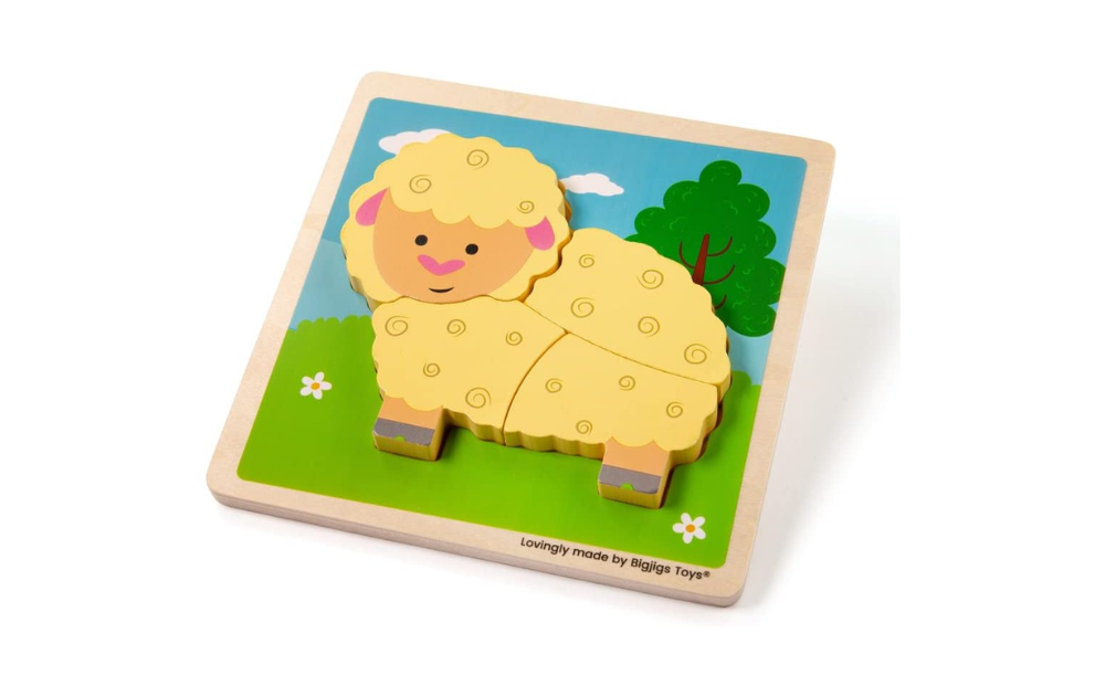 Bigjigs Chunky Lift Out Puzzle featuring a cute sheep on a colorful farm background