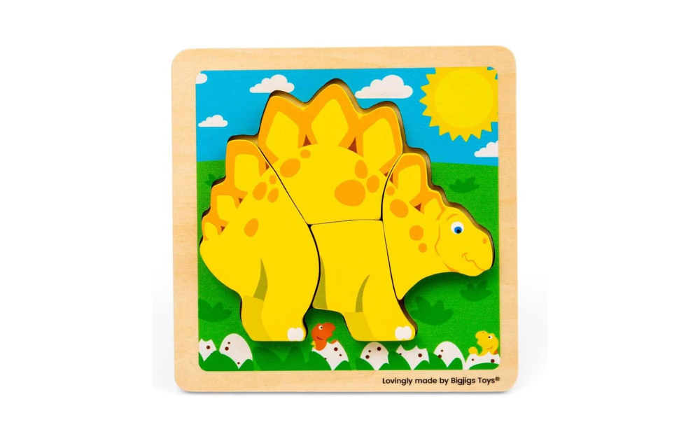 Chunky Lift Out Stegosaurus by Bigjigs featuring a bright yellow dinosaur in a sunny outdoor scene