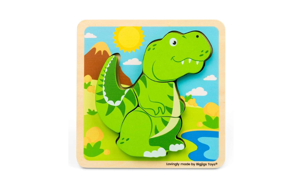 Chunky Lift Out T-Rex by Bigjigs with colourful dinosaur and landscape design, 5 pieces