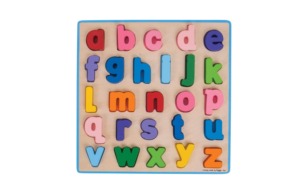 Chunky lowercase alphabet puzzle by Bigjigs Toys featuring colorful wooden letters for educational play