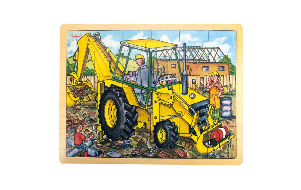 Bigjigs digger tray puzzle with 24 colorful wooden pieces depicting a construction scene