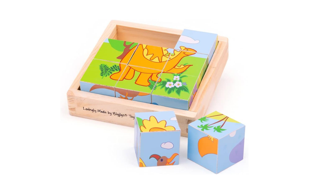 Bigjigs Dino cube puzzle for kids in wooden tray featuring colorful dinosaur designs