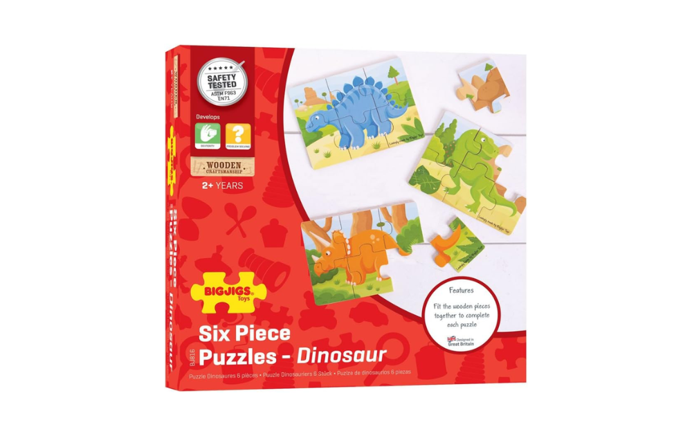 Bigjigs Dinosaur 3 Wooden 6 piece puzzles featuring colourful dinosaur designs for children aged 2 and above