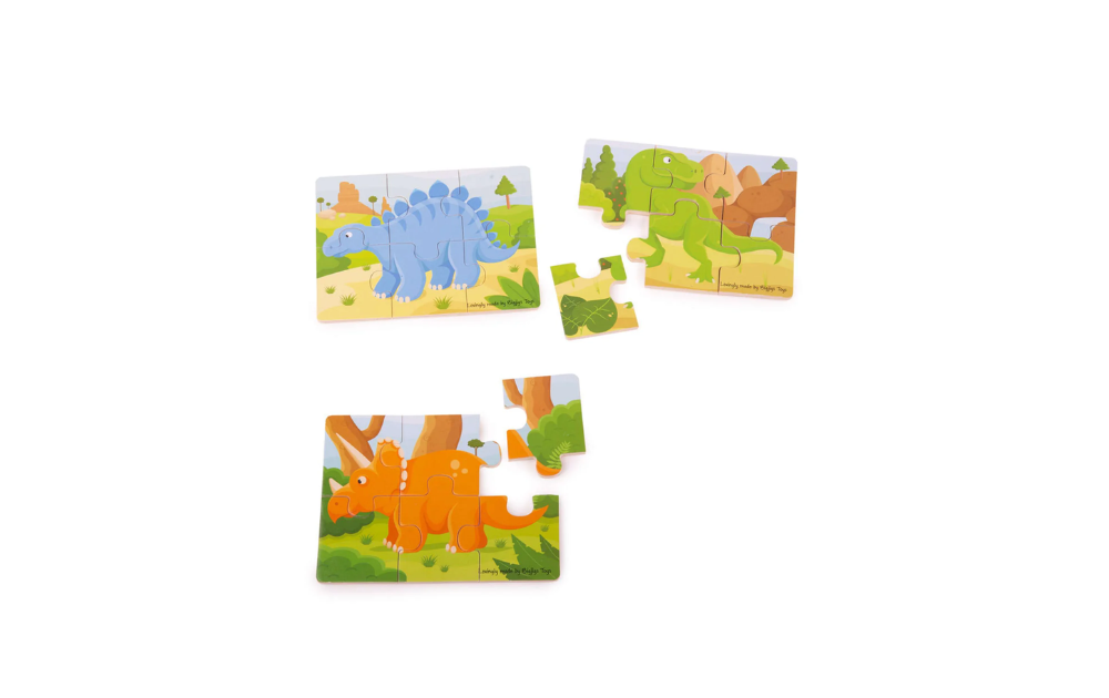 Dinosaur - 3 Wooden 6 piece puzzles from Bigjigs featuring colourful dinosaur designs in a nature setting