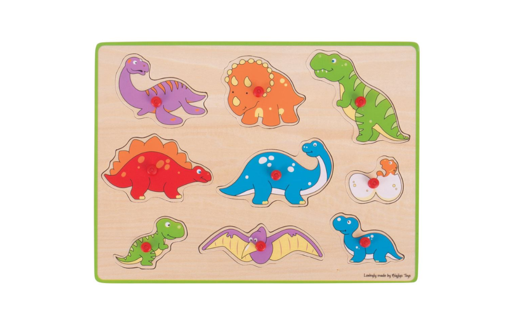 Bigjigs dinosaur lift-out puzzle featuring colorful wooden dinosaurs for kids' learning and play