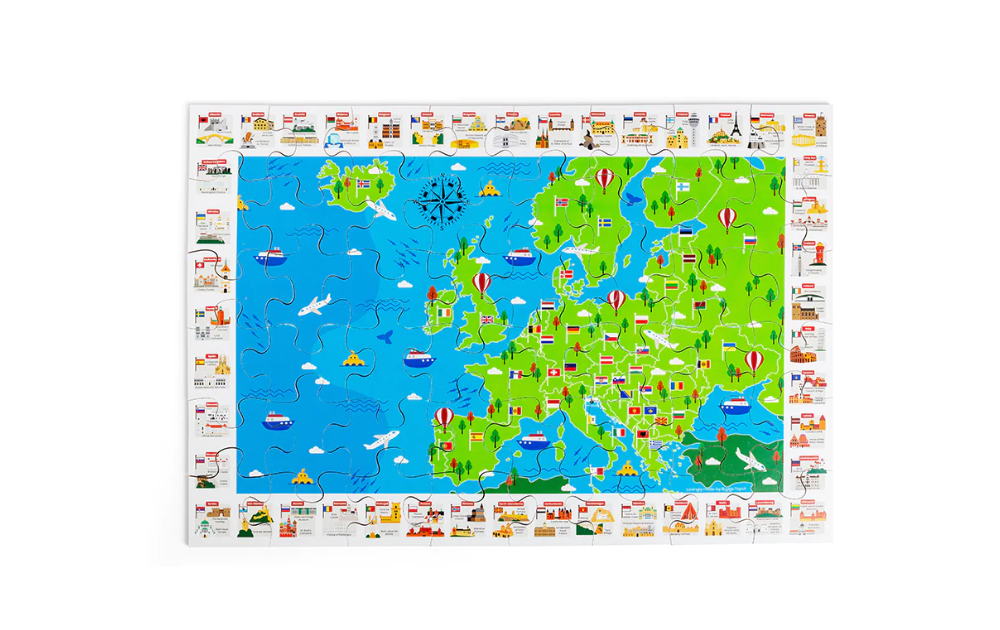 European Landmarks 48 piece floor puzzle for kids featuring vibrant illustrations of famous sites in Europe