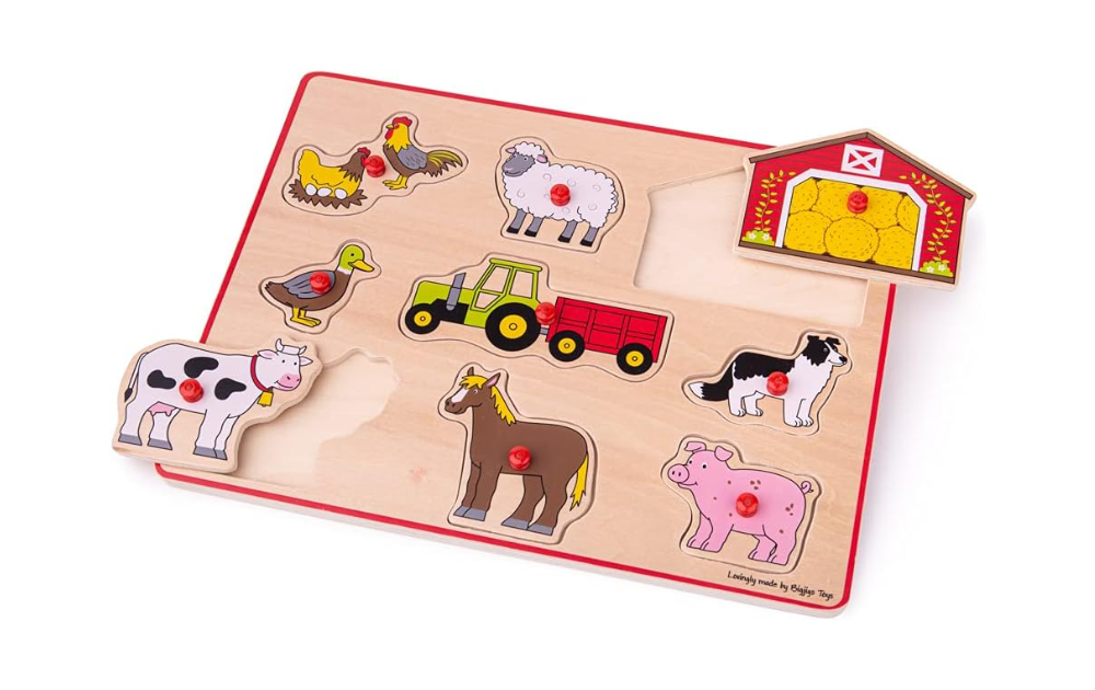 Bigjigs Toys farm animal lift out puzzle featuring vibrant wooden farm animals and tractor for kids