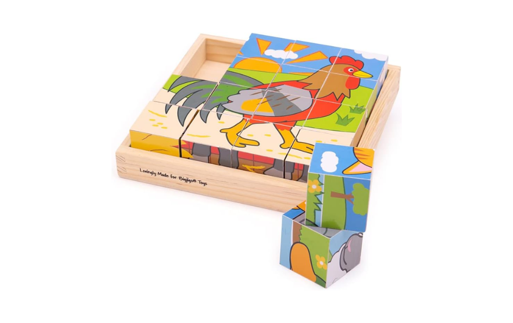 Farm tray cube puzzle by Bigjigs Toys featuring colorful farm animal illustrations in a wooden frame