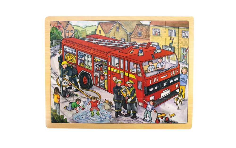 Bigjigs wooden fire engine puzzle with 24 pieces featuring a vibrant fire truck scene