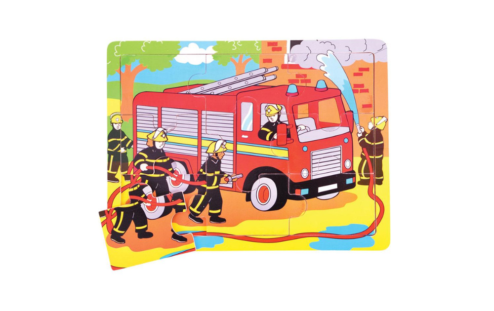 Bigjigs fire engine tray puzzle featuring firefighters and a vibrant fire truck, perfect for young puzzle enthusiasts
