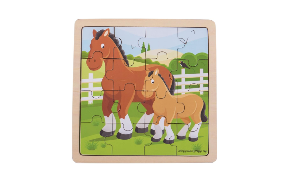 Horse and Foal puzzle for kids featuring a colorful wooden 16 piece design by Bigjigs