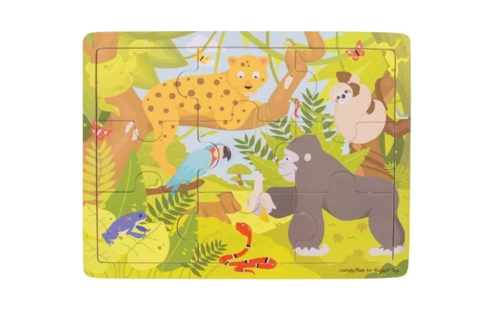 Bigjigs jungle tray puzzle featuring colorful jungle animals like a leopard, gorilla, and sloth in a vibrant scene