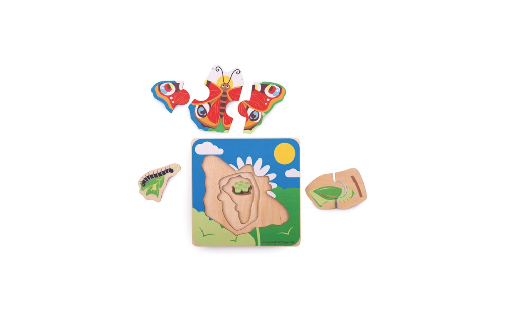 Lifecycle Puzzle - Butterfly from Bigjigs featuring colourful wooden pieces and a sunny scene
